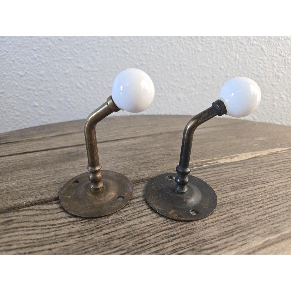 2 Vintage Brass & Porcelain Ball Wall Hanger Hook Coat Towel Rack Farmhouse - Picture 7 of 10